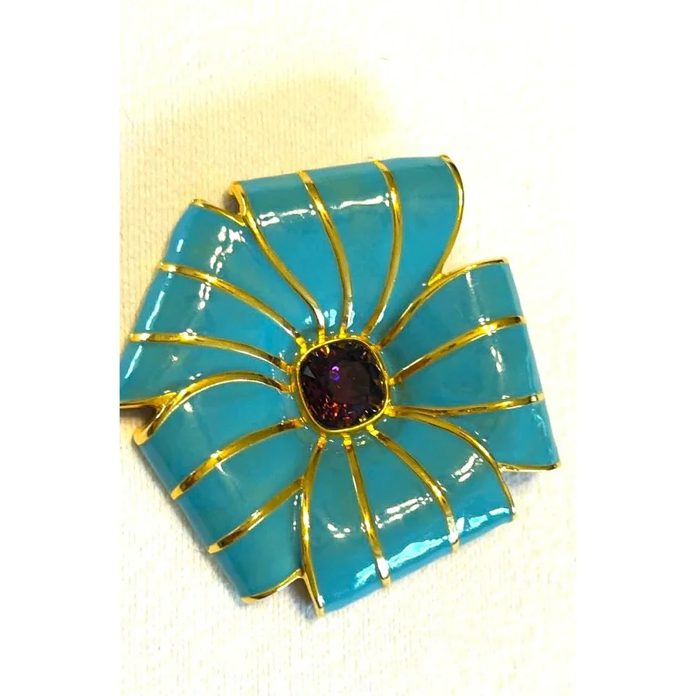 Kenneth Jay Lane Vintage Turquoise Enamel Purple Stone Bold Statement Brooch 80s